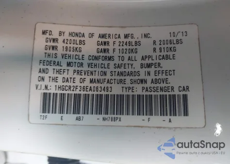 2014 Honda Accord Lx z USA, uszkodzony, nr VIN 1HGCR2F36EA063493